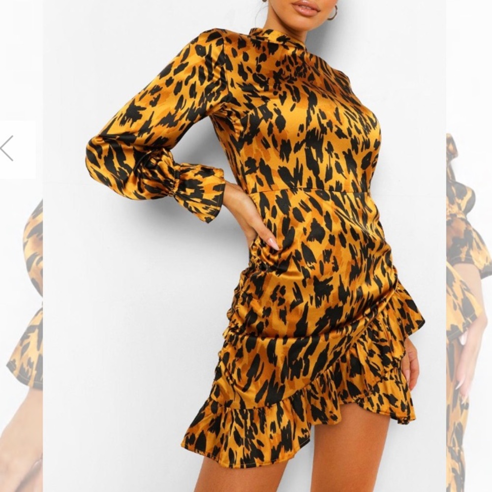 LEOPARD ROUCHE FRILL MINI DRESS